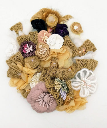 Handcrafted Jute Floral Applique in White, Mauve, Brown and Beige